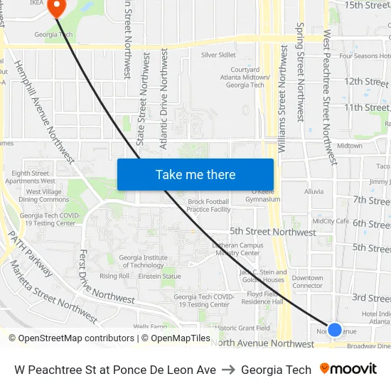W Peachtree St at Ponce De Leon Ave to Georgia Tech map