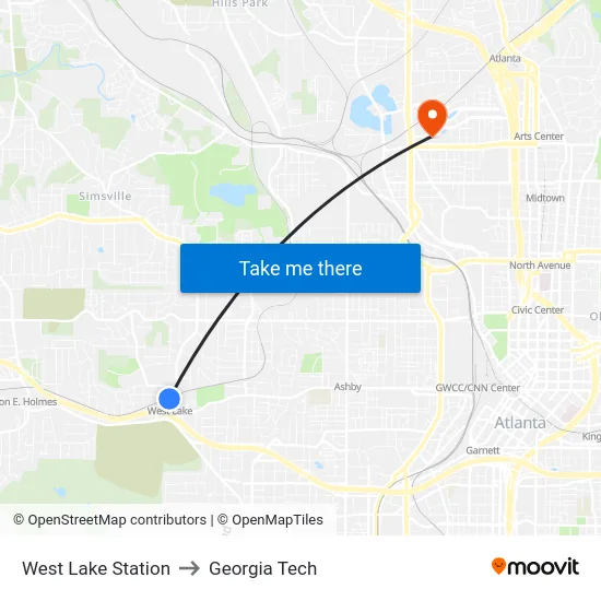 West Lake Station to Georgia Tech map