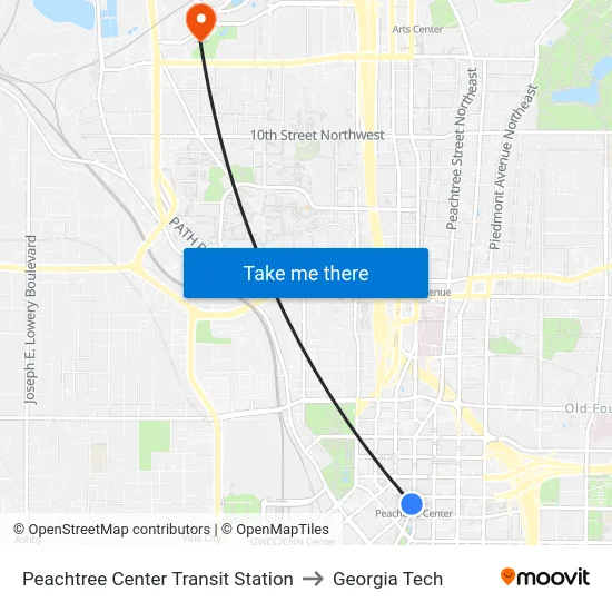 Peachtree Center Transit Station to Georgia Tech map
