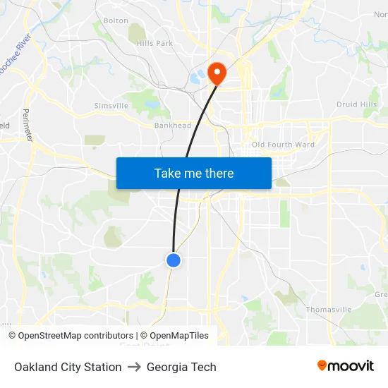 Oakland City Station to Georgia Tech map