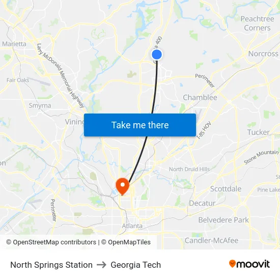 North Springs Station to Georgia Tech map