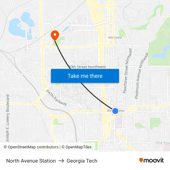 North Avenue Station to Georgia Tech map