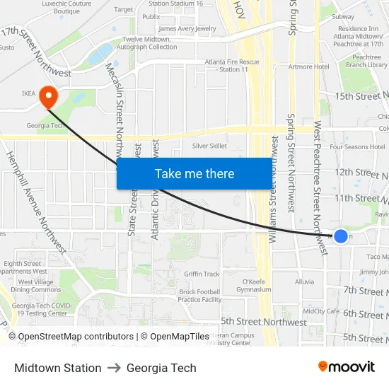 Midtown Station to Georgia Tech map