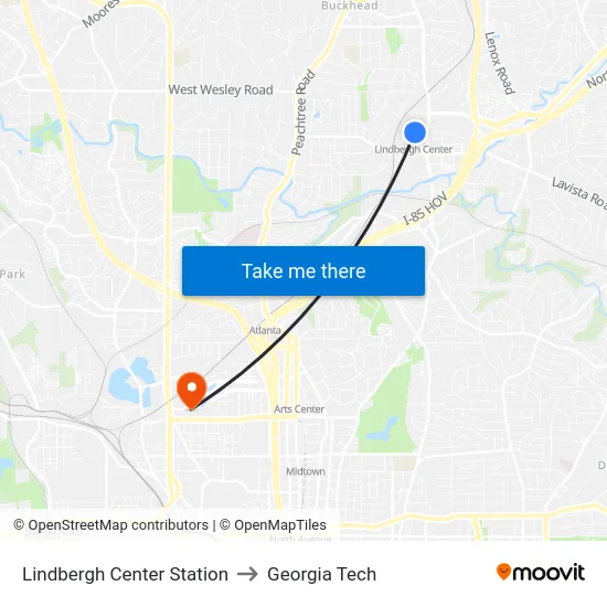 Lindbergh Center Station to Georgia Tech map
