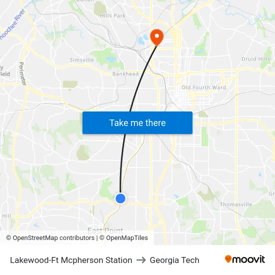 Lakewood-Ft Mcpherson Station to Georgia Tech map