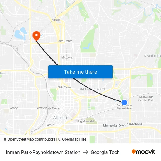 Inman Park-Reynoldstown Station to Georgia Tech map