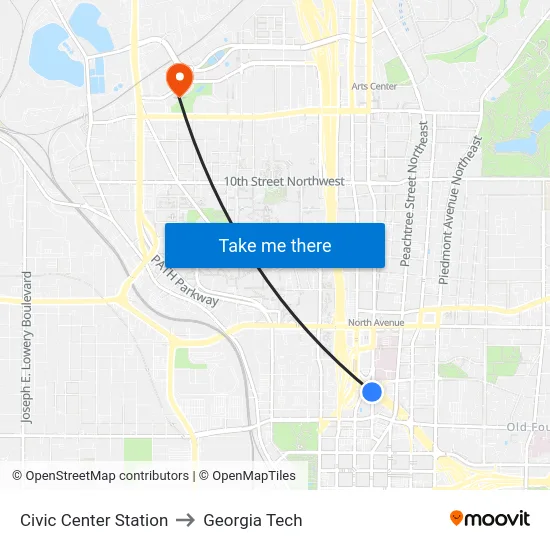 Civic Center Station to Georgia Tech map