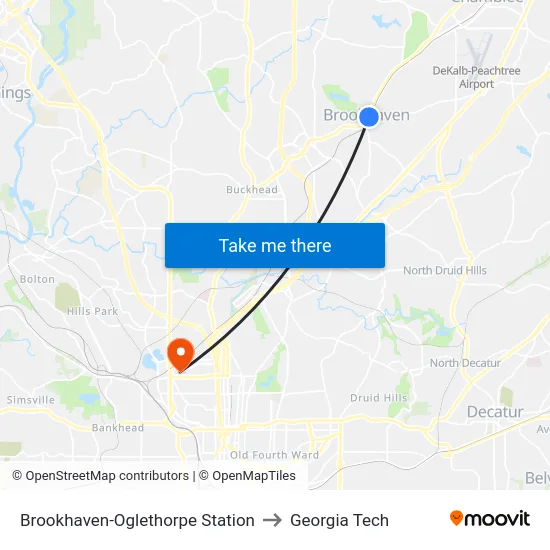Brookhaven-Oglethorpe Station to Georgia Tech map
