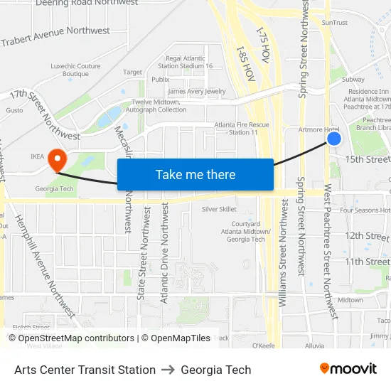 Arts Center Transit Station to Georgia Tech map