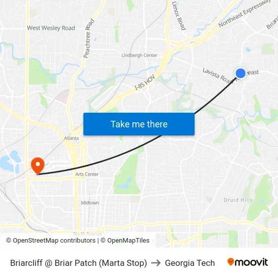 Briarcliff @ Briar Patch (Marta Stop) to Georgia Tech map