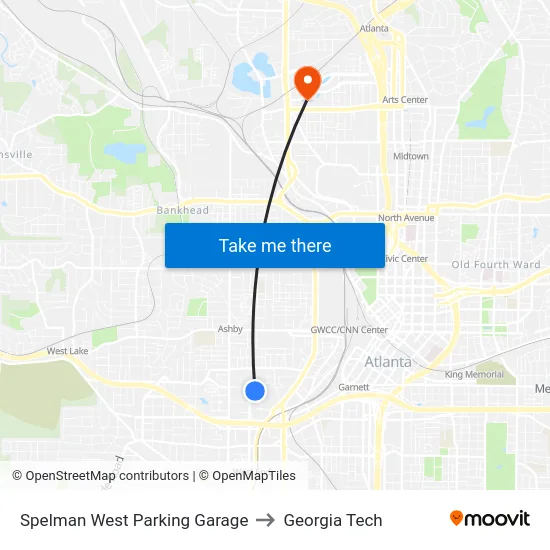 Spelman West Parking Garage to Georgia Tech map