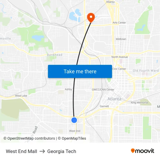 West End Mall to Georgia Tech map