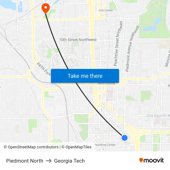 Piedmont North to Georgia Tech map