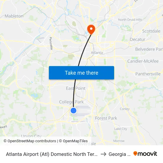 Atlanta Airport (Atl) Domestic North Terminal Dropoffs to Georgia Tech map