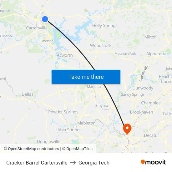 Cracker Barrel Cartersville to Georgia Tech map