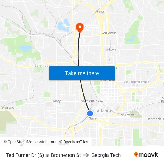 Ted Turner Dr (S) at Brotherton St to Georgia Tech map