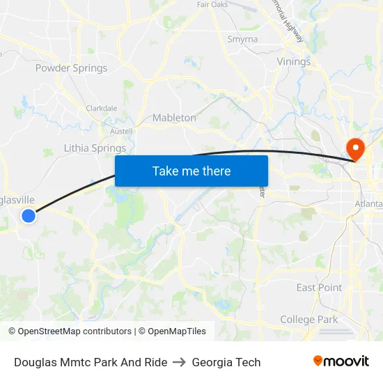 Douglas Mmtc Park And Ride to Georgia Tech map