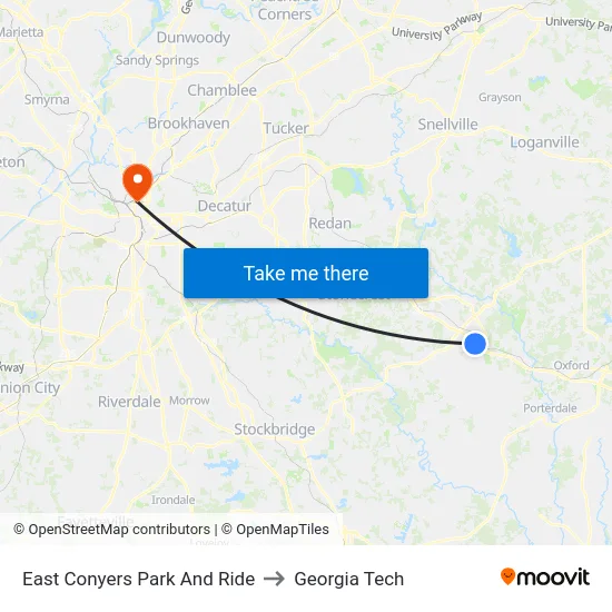 East Conyers Park And Ride to Georgia Tech map