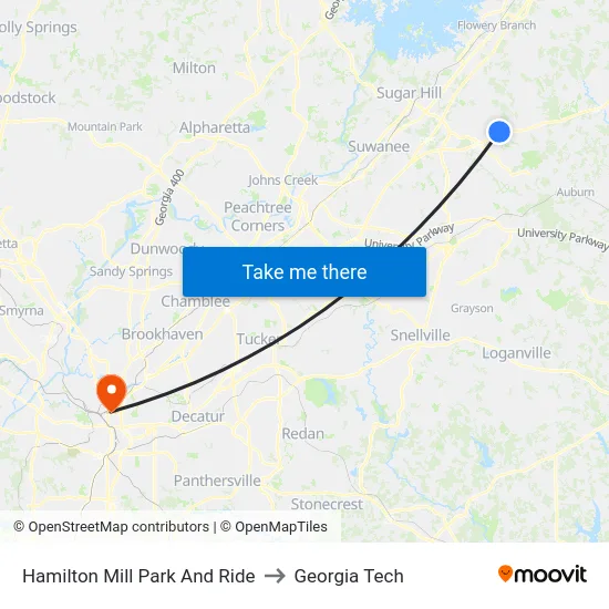 Hamilton Mill Park And Ride to Georgia Tech map