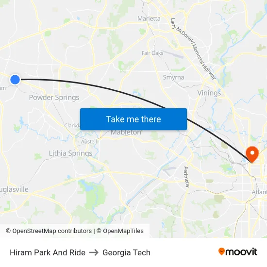 Hiram Park And Ride to Georgia Tech map