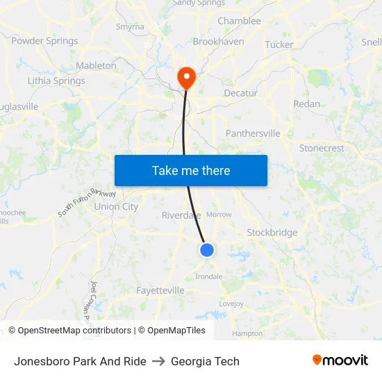 Jonesboro Park And Ride to Georgia Tech map