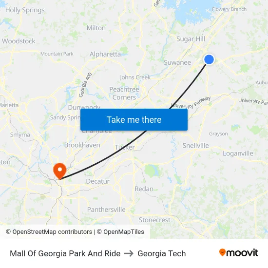 Mall Of Georgia Park And Ride to Georgia Tech map