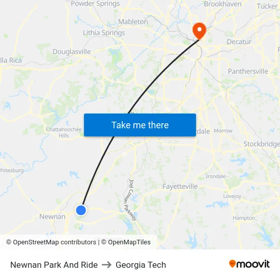 Newnan Park And Ride to Georgia Tech map