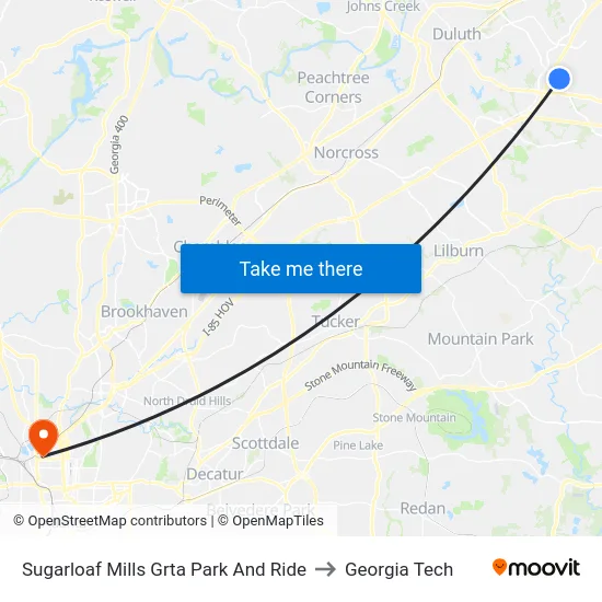 Sugarloaf Mills Grta Park And Ride to Georgia Tech map