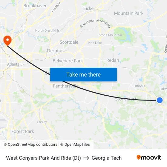 West Conyers Park And Ride (Dt) to Georgia Tech map