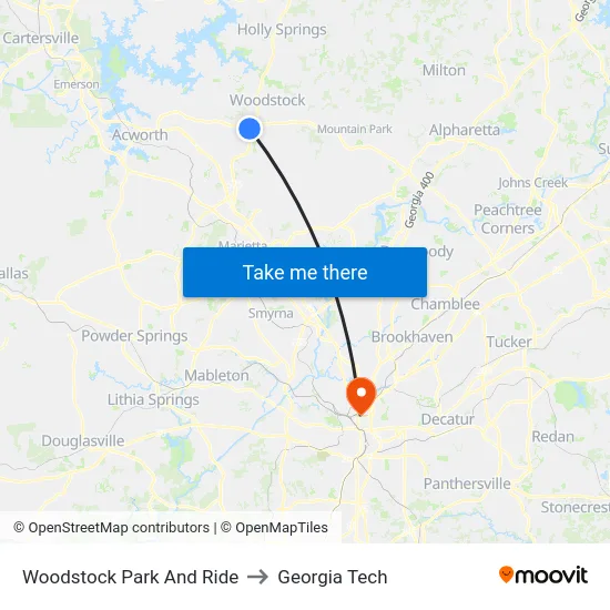Woodstock Park And Ride to Georgia Tech map