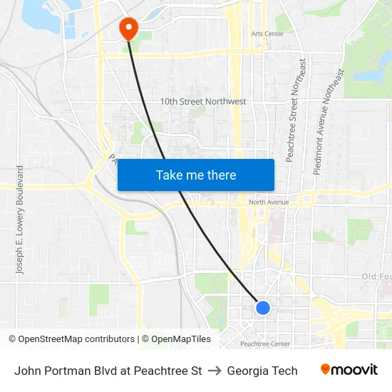 John Portman Blvd at Peachtree St to Georgia Tech map