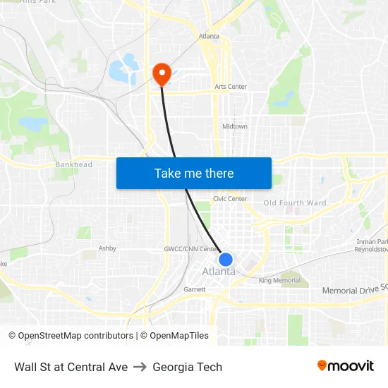 Wall St at Central Ave to Georgia Tech map