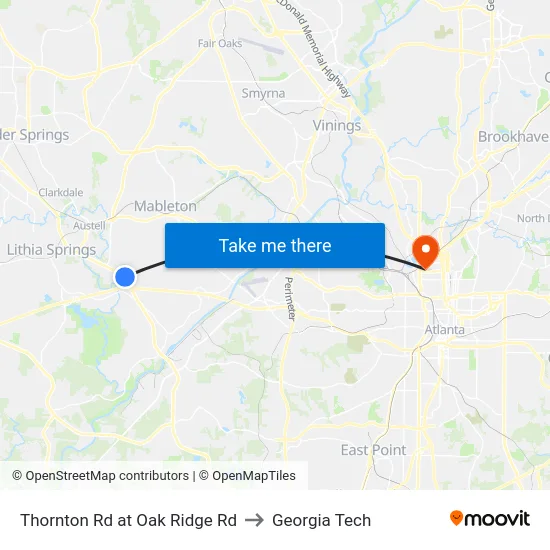 Thornton Rd at Oak Ridge Rd to Georgia Tech map