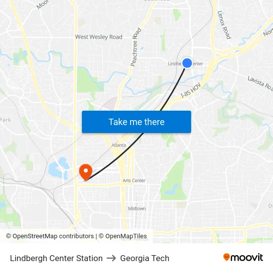 Lindbergh Center Station to Georgia Tech map