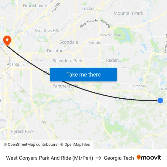 West Conyers Park And Ride (Mt/Peri) to Georgia Tech map