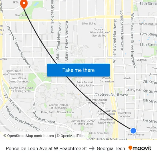 Ponce De Leon Ave at W Peachtree St to Georgia Tech map