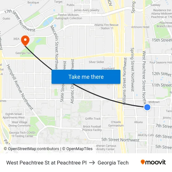 West Peachtree St at Peachtree Pl to Georgia Tech map