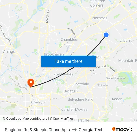 Singleton Rd & Steeple Chase Apts to Georgia Tech map