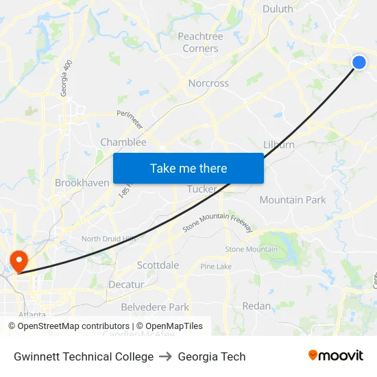 Gwinnett Technical College to Georgia Tech map