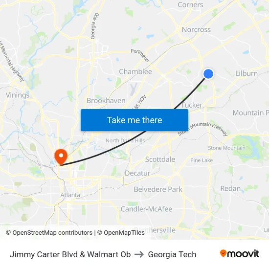 Jimmy Carter Blvd & Walmart Ob to Georgia Tech map