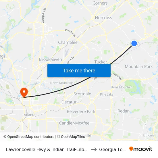 Lawrenceville Hwy & Indian Trail-Lilburn to Georgia Tech map
