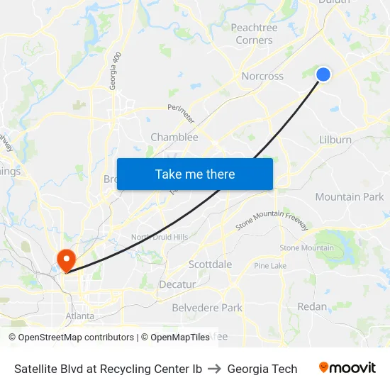 Satellite Blvd at Recycling Center Ib to Georgia Tech map