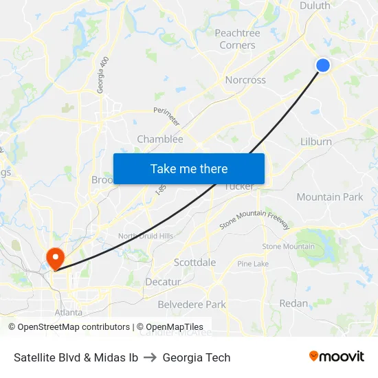 Satellite Blvd & Midas Ib to Georgia Tech map