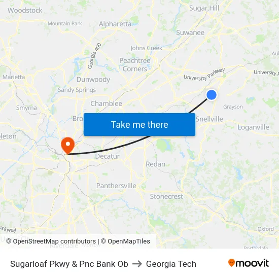 Sugarloaf Pkwy & Pnc Bank Ob to Georgia Tech map