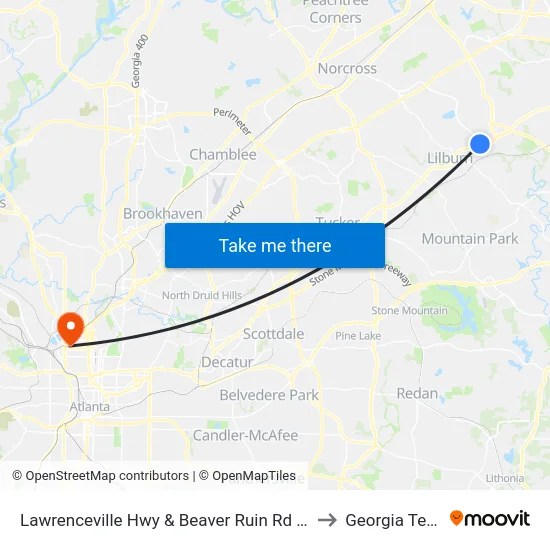 Lawrenceville Hwy & Beaver Ruin Rd Ob to Georgia Tech map