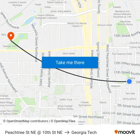 Peachtree St NE @ 10th St NE to Georgia Tech map