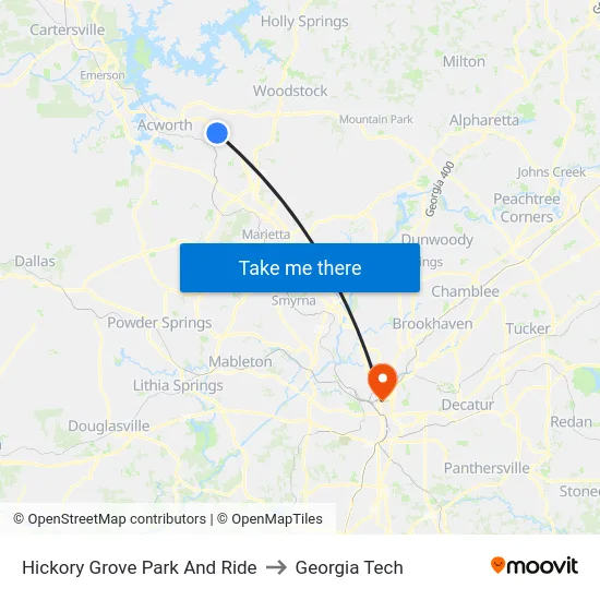 Hickory Grove Park And Ride to Georgia Tech map