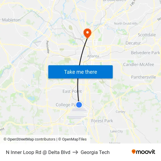N Inner Loop Rd @ Delta Blvd to Georgia Tech map