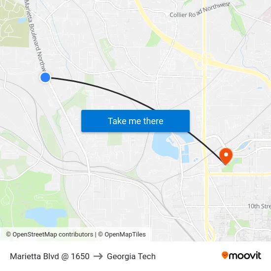 Marietta Blvd @ 1650 to Georgia Tech map