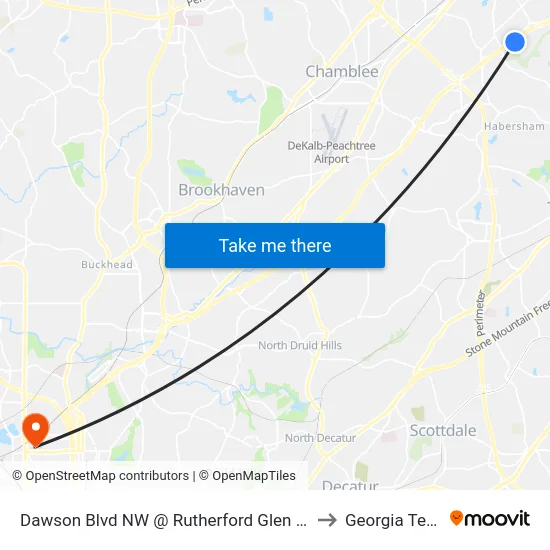 Dawson Blvd NW @ Rutherford Glen Cir to Georgia Tech map